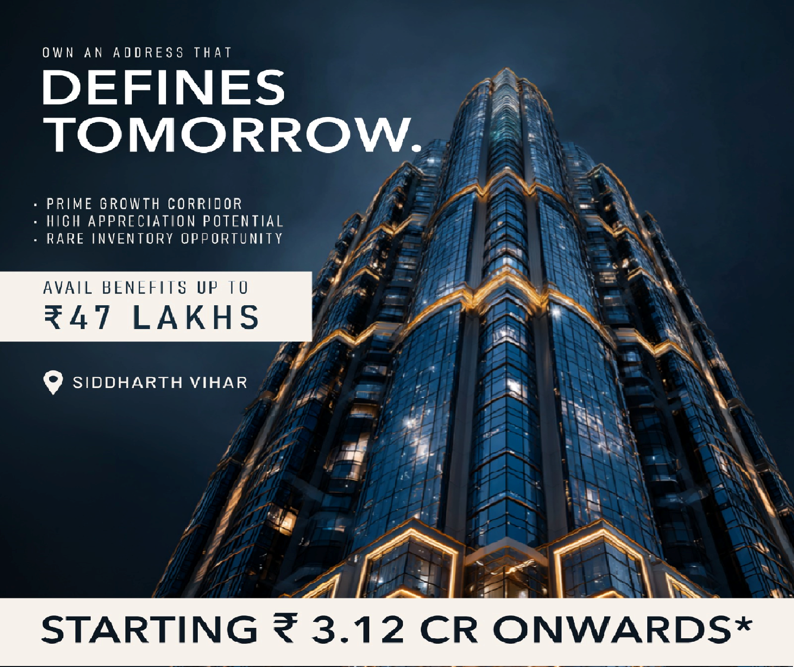 Iconic Tower — curved private balconies at dusk