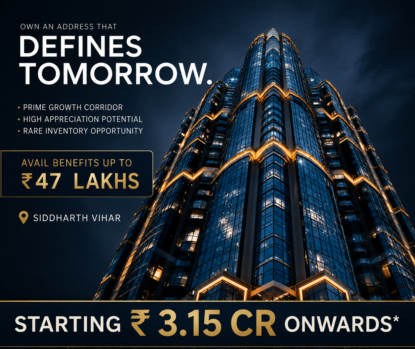 Iconic Tower — curved private balconies at dusk